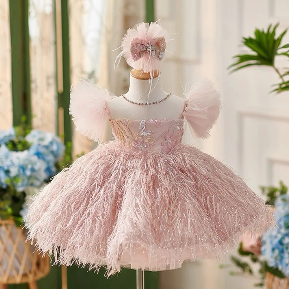 Elegant Pink Feathered Kids Dress